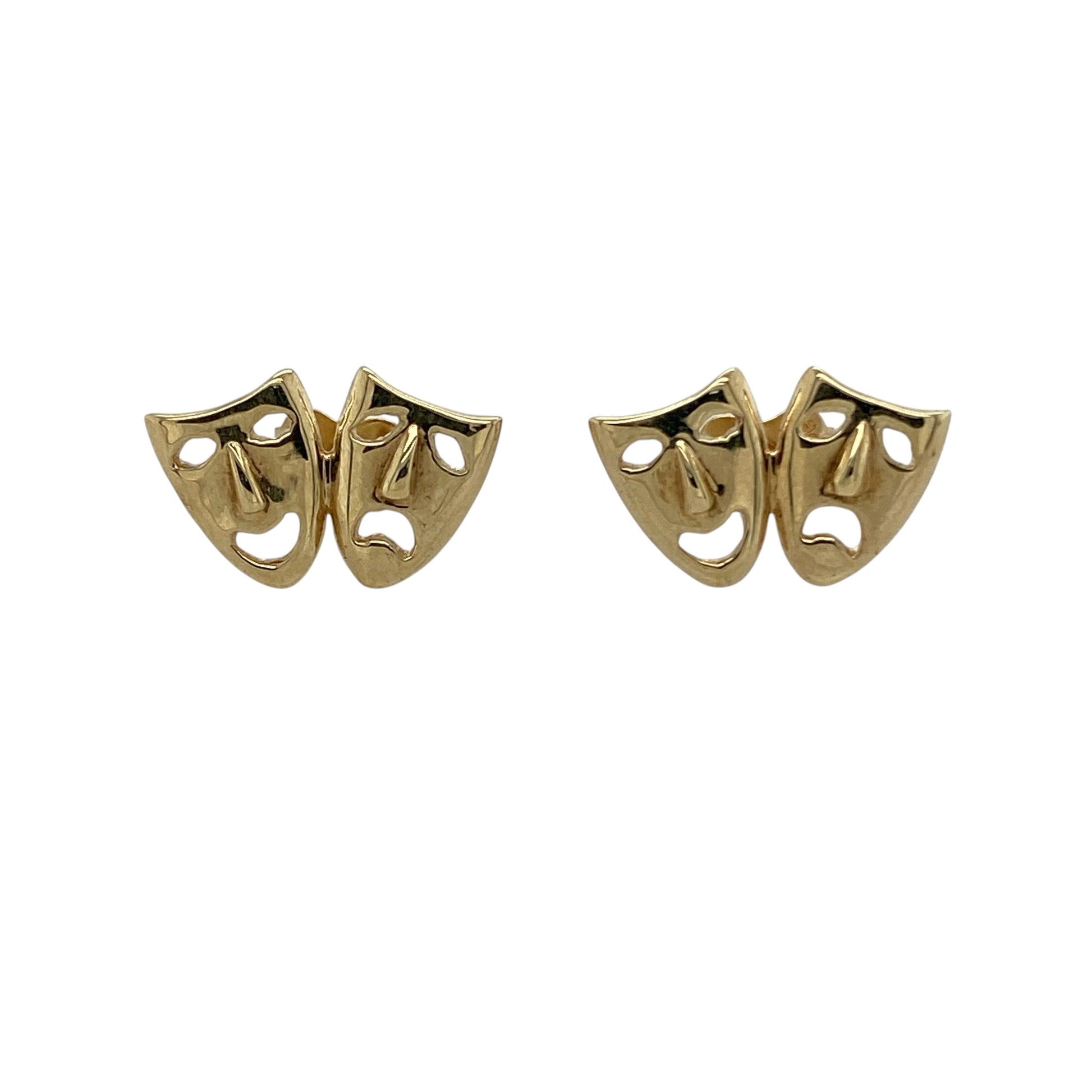 Bring playful character and artistic charm to your collection with these pre-owned 9ct yellow gold comedy and tragedy theatre masks stud earrings, featuring a distinctive design with timeless appeal—perfect for everyday wear or a thoughtful gift.

Design: The earrings feature the classic comedy and tragedy theatre masks, creating a recognisable and expressive design that adds personality and visual interest.
