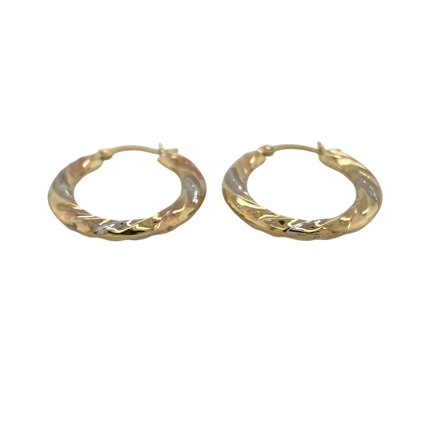 Bring subtle colour and elegant texture to your collection with these pre-owned 9ct yellow, rose and white gold twisted oval creole earrings, featuring a delicate tri-colour design with timeless appeal—perfect for everyday wear.

Design: The earrings feature an oval creole hoop shape with a twisted design, combining three tones of gold to create a soft, eye-catching finish with added dimension.