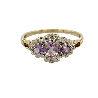 9ct Gold Diamond & Amethyst Set Trilogy Cluster Ring