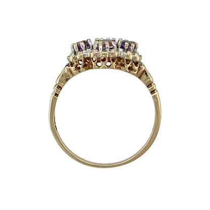 9ct Gold Diamond & Amethyst Set Trilogy Cluster Ring