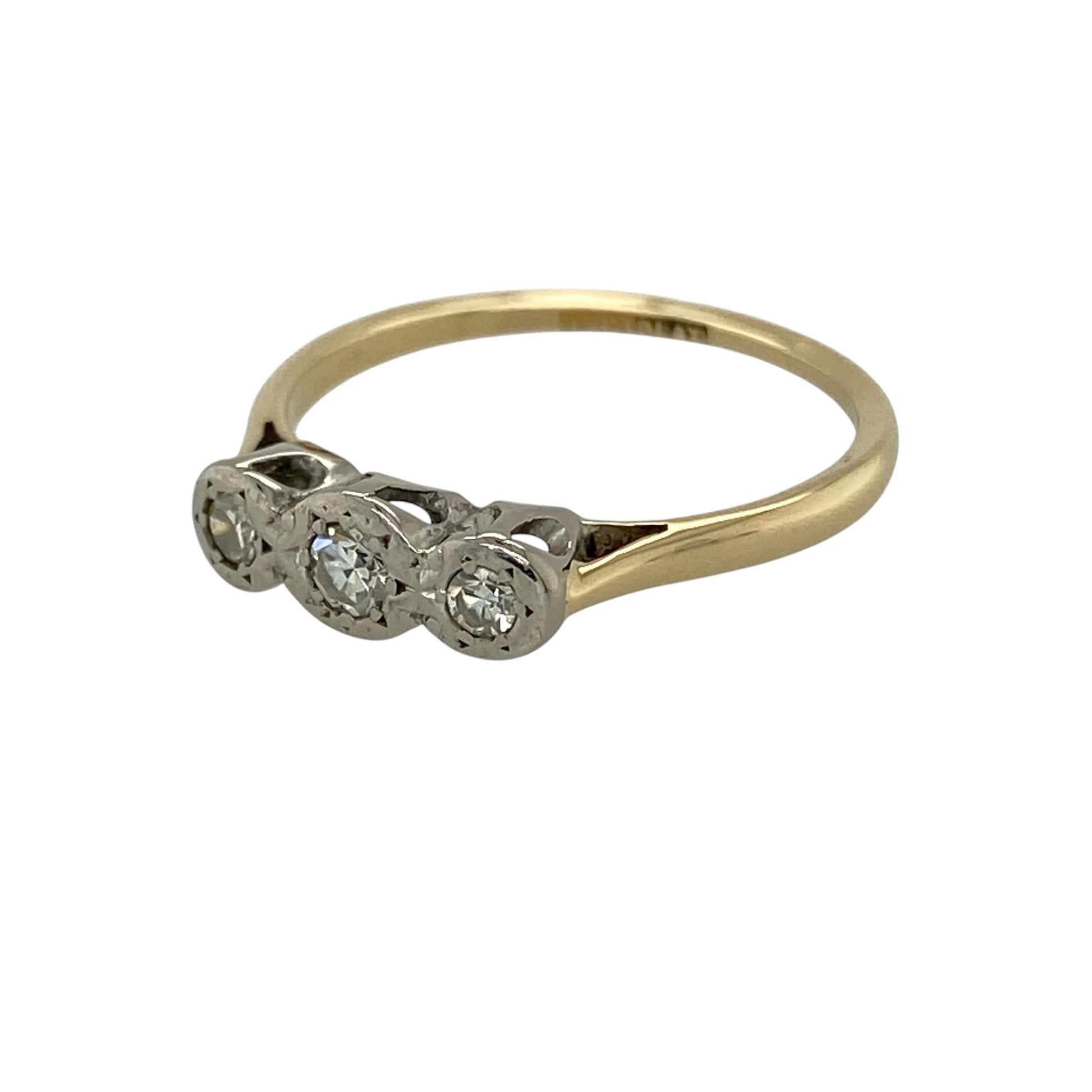 Bring timeless elegance and meaningful sparkle to your collection with this pre-owned 18ct yellow gold and platinum diamond trilogy ring, featuring a classic three-stone design with refined appeal—perfect for special occasions or everyday sophistication.

Design: The ring showcases a trilogy arrangement of sparkling diamonds, with approximately 0.37ct total diamond content, creating a balanced and eye-catching look with timeless elegance.