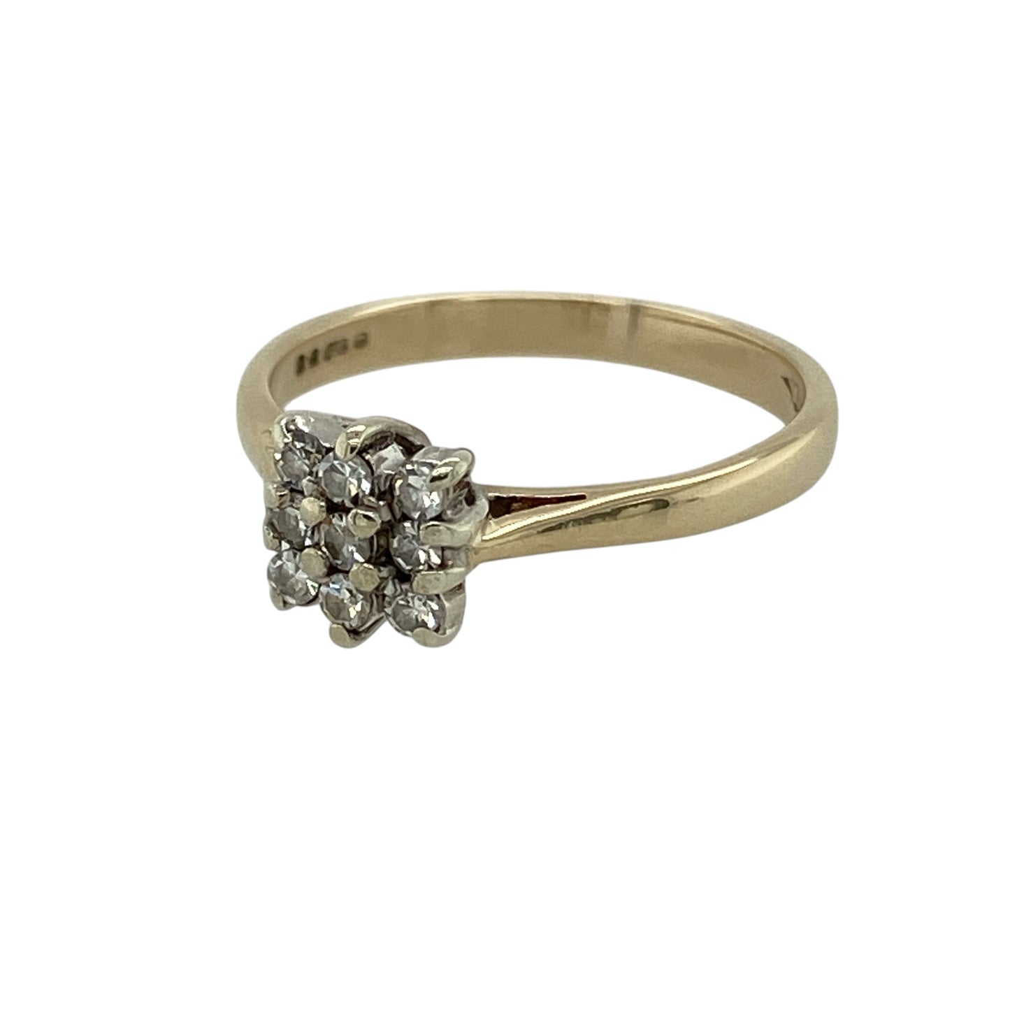 Bring timeless sparkle and elegant styling to your collection with this pre-owned 9ct yellow gold diamond square cluster ring, featuring a refined design with eye-catching brilliance—perfect for everyday wear or special occasions.

Design: The ring showcases a square cluster design measuring approximately 6mm in height, set with sparkling diamonds arranged to create a bright and balanced focal point.