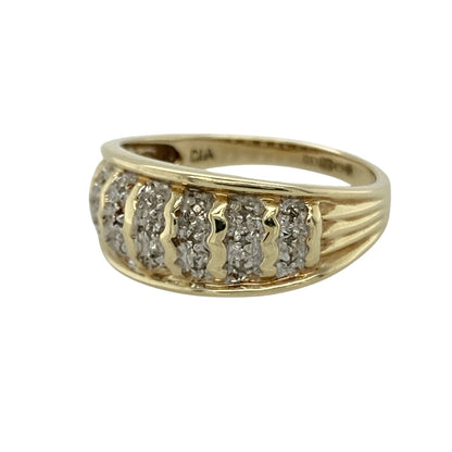 Bring bold elegance and timeless sparkle to your collection with this pre-owned 9ct yellow and white gold diamond set wide band ring, featuring a striking two-tone design with classic appeal—perfect for everyday wear or a standout statement piece.

Design: The ring features a wide band style measuring approximately 9mm across the front, accented with sparkling diamonds that create a refined and eye-catching finish.