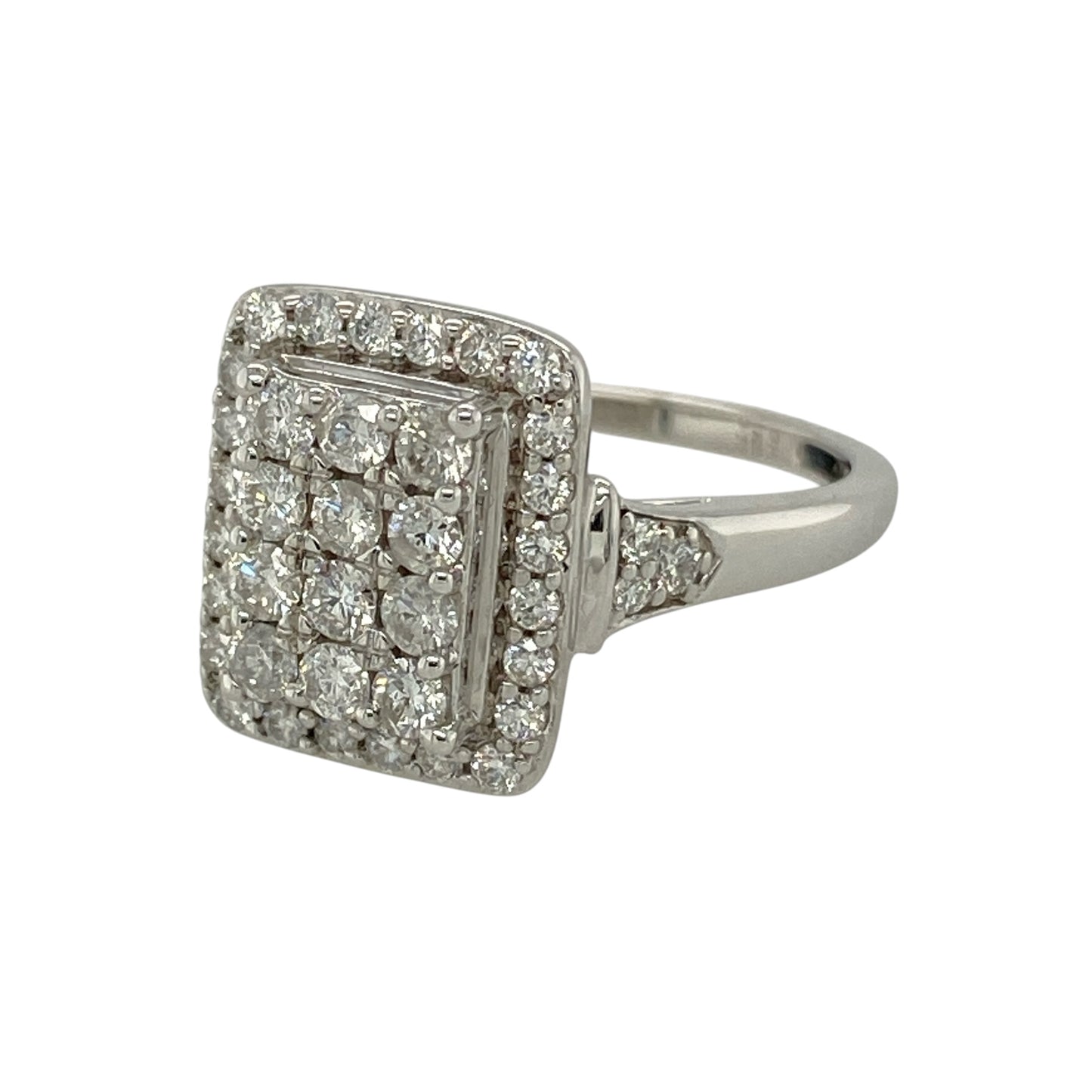 Bring exceptional sparkle and elegant styling to your collection with this pre-owned 9ct white gold diamond rectangle cluster ring, featuring a bold design with luxurious brilliance—perfect for special occasions or standout everyday wear.

Design: The ring showcases a rectangular cluster front measuring approximately 13mm in height, set with sparkling diamonds arranged to maximise brilliance and create a striking focal point.