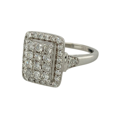 Bring exceptional sparkle and elegant styling to your collection with this pre-owned 9ct white gold diamond rectangle cluster ring, featuring a bold design with luxurious brilliance—perfect for special occasions or standout everyday wear.

Design: The ring showcases a rectangular cluster front measuring approximately 13mm in height, set with sparkling diamonds arranged to maximise brilliance and create a striking focal point.