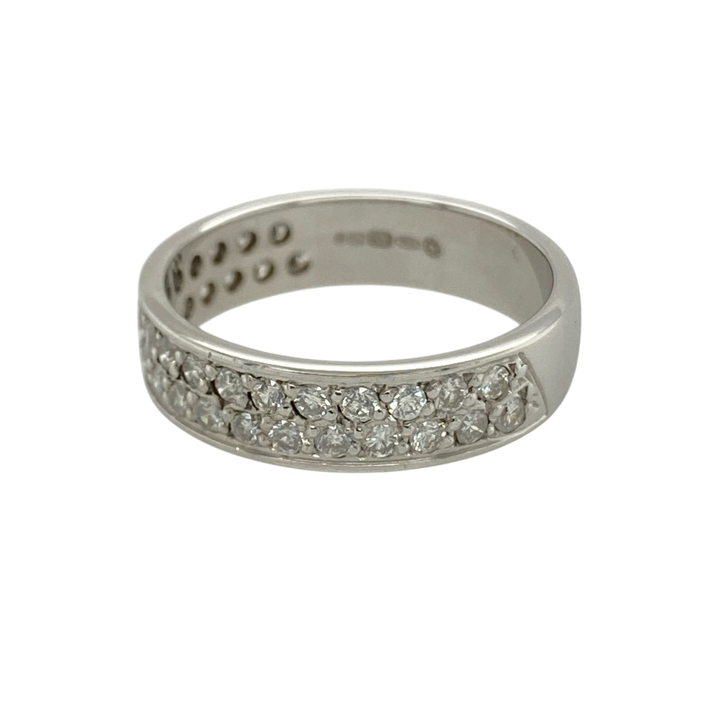 Bring timeless sparkle and sophisticated style to your collection with this pre-owned 18ct white gold diamond set band ring, featuring a bold design with luxurious brilliance—perfect for everyday wear or special occasions.

Design: The ring features a substantial band style measuring approximately 5mm in width, set with sparkling diamonds across the front for a refined and eye-catching finish.