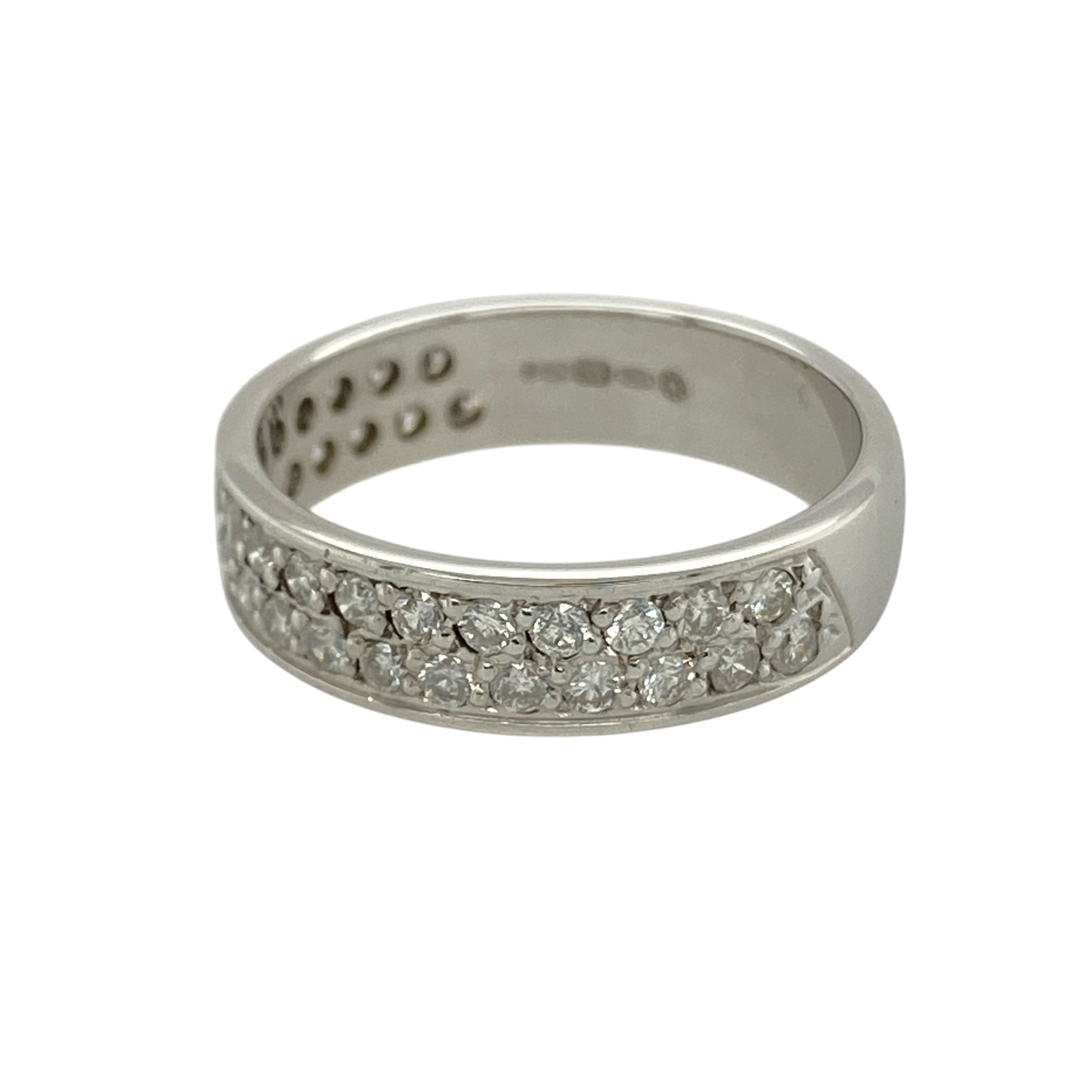 Bring timeless sparkle and sophisticated style to your collection with this pre-owned 18ct white gold diamond set band ring, featuring a bold design with luxurious brilliance—perfect for everyday wear or special occasions.

Design: The ring features a substantial band style measuring approximately 5mm in width, set with sparkling diamonds across the front for a refined and eye-catching finish.