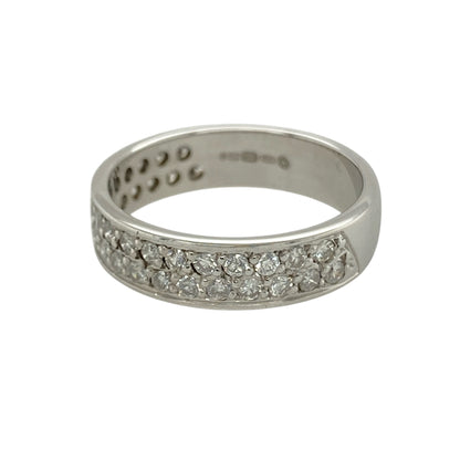 Bring timeless sparkle and sophisticated style to your collection with this pre-owned 18ct white gold diamond set band ring, featuring a bold design with luxurious brilliance—perfect for everyday wear or special occasions.

Design: The ring features a substantial band style measuring approximately 5mm in width, set with sparkling diamonds across the front for a refined and eye-catching finish.