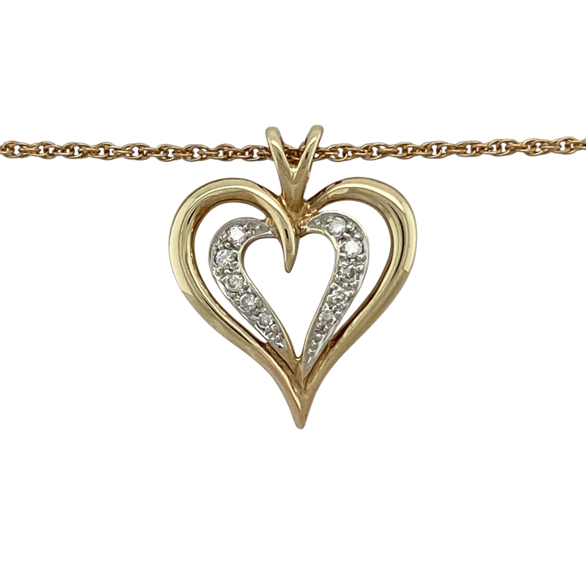 Bring romantic elegance and timeless sparkle to your collection with this pre-owned 9ct yellow and white gold diamond set open double heart pendant necklace, featuring a graceful design with meaningful appeal—perfect for everyday wear or a heartfelt gift.

Design: The pendant features an open double heart design measuring approximately 2.3cm in length including the bail, accented with sparkling diamonds and suspended from an 18" Prince of Wales chain for an elegant finish.