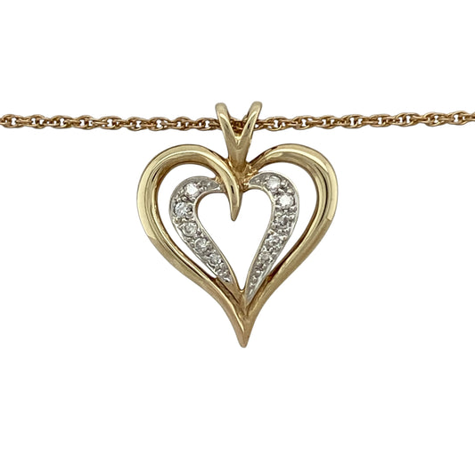 Bring romantic elegance and timeless sparkle to your collection with this pre-owned 9ct yellow and white gold diamond set open double heart pendant necklace, featuring a graceful design with meaningful appeal—perfect for everyday wear or a heartfelt gift.

Design: The pendant features an open double heart design measuring approximately 2.3cm in length including the bail, accented with sparkling diamonds and suspended from an 18" Prince of Wales chain for an elegant finish.