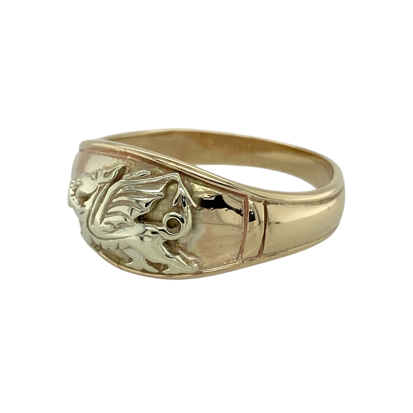 Bring bold heritage style and striking detail to your collection with this pre-owned 9ct yellow and white gold Welsh dragon band ring, featuring a symbolic design with timeless appeal—perfect for everyday wear or a standout statement piece.

Design: The ring features a wide band style measuring approximately 10mm across the front, detailed with the iconic Welsh dragon motif for a bold and eye-catching finish.