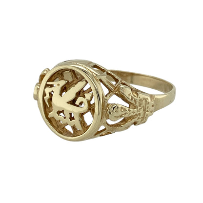 Bring heritage character and bold style to your collection with this pre-owned 9ct yellow gold Welsh dragon signet ring, featuring symbolic detailing with timeless appeal—perfect for everyday wear or a standout statement piece.

Design: The ring showcases a signet-style front measuring approximately 13mm in height, featuring a detailed Welsh dragon motif with open Three Feathers symbol shoulders for added heritage-inspired detail.