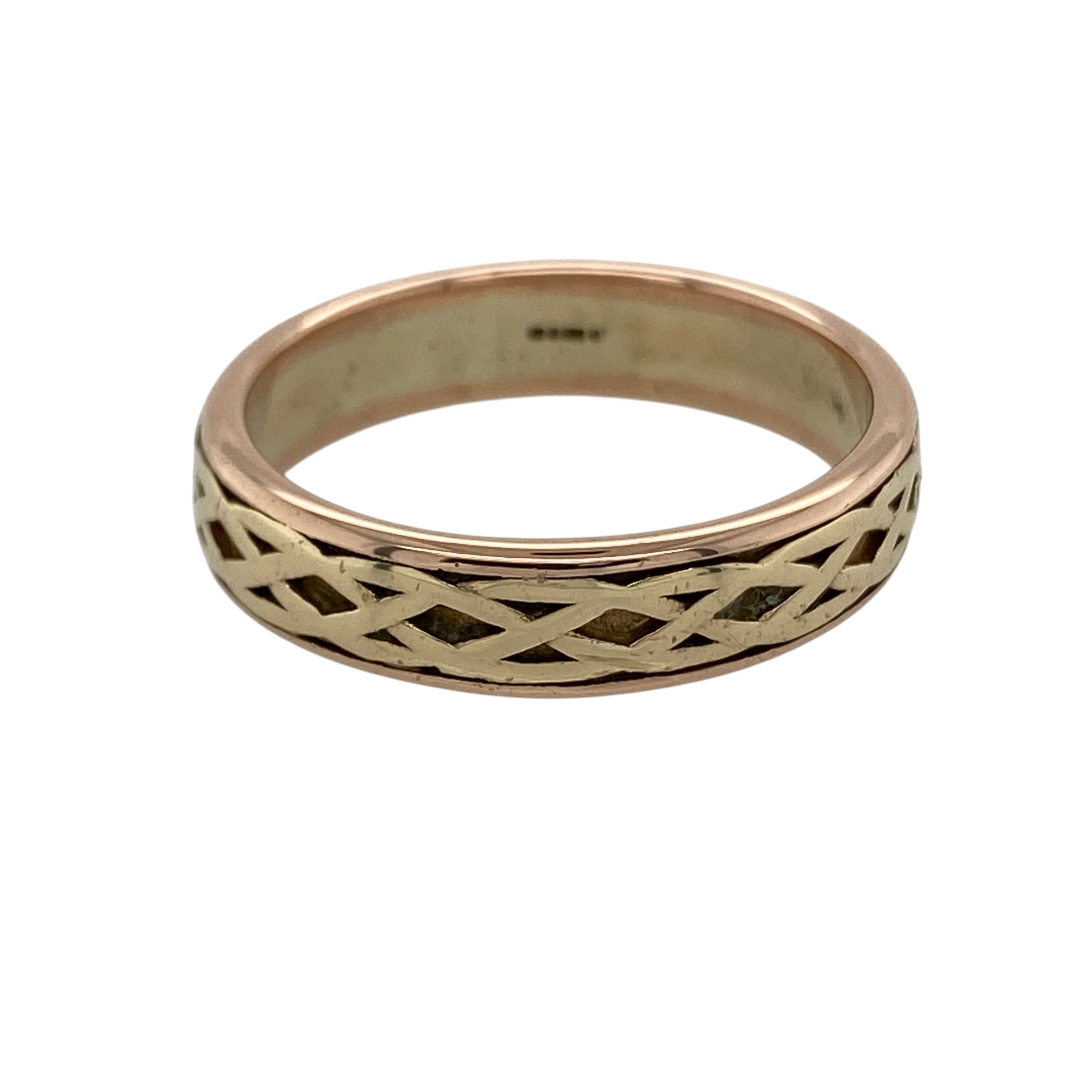 Bring timeless heritage style and elegant craftsmanship to your collection with this pre-owned 9ct yellow and rose gold Clogau Celtic weave band ring, featuring a symbolic design with classic appeal—perfect for everyday wear or a meaningful gift.

Design: The ring features an intricate Celtic weave pattern across a 5mm wide band, creating a flowing and detailed look with timeless character.