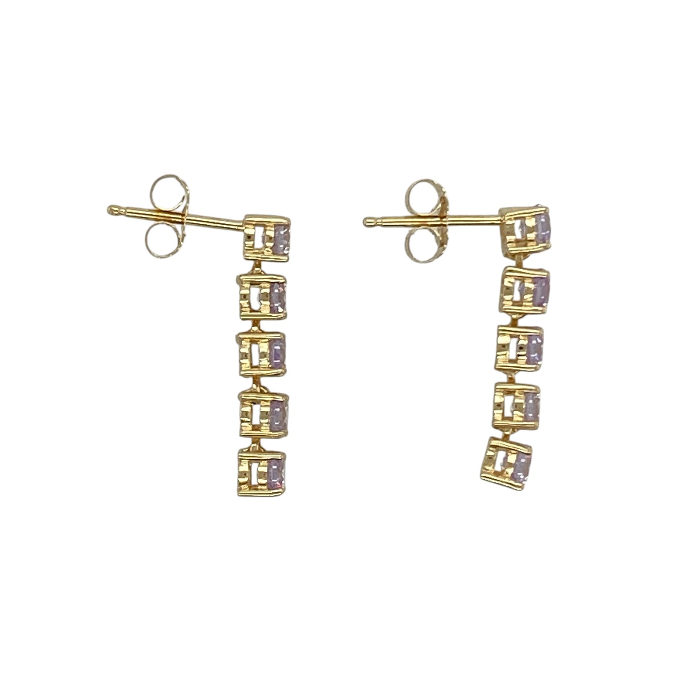 Bring soft colour and elegant simplicity to your collection with these pre-owned 14ct yellow gold lavender-coloured purple stone bar stud earrings, featuring a modern design with delicate sparkle—perfect for everyday wear or subtle styling.

Design: The earrings feature a sleek bar-style design set with five lavender-coloured purple stones in each stud, each measuring approximately 3mm in diameter, creating a neat and eye-catching arrangement.
