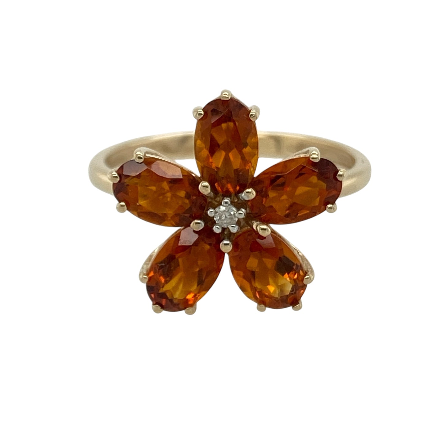 9ct Gold Diamond & Orange Stone Flower Ring