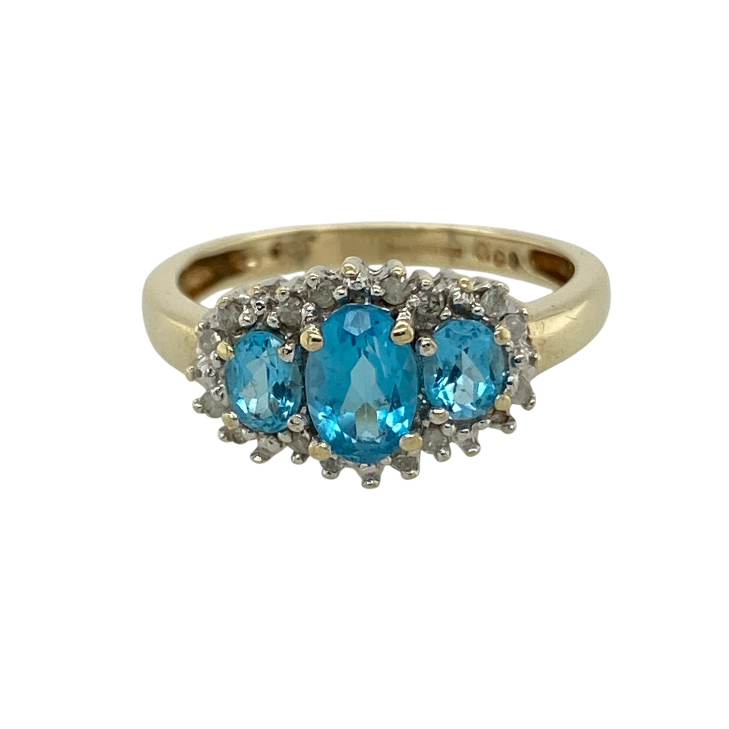 9ct Gold Diamond & Blue Topaz Set Cluster Trilogy Ring