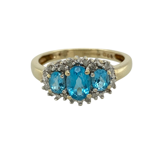 9ct Gold Diamond & Blue Topaz Set Cluster Trilogy Ring