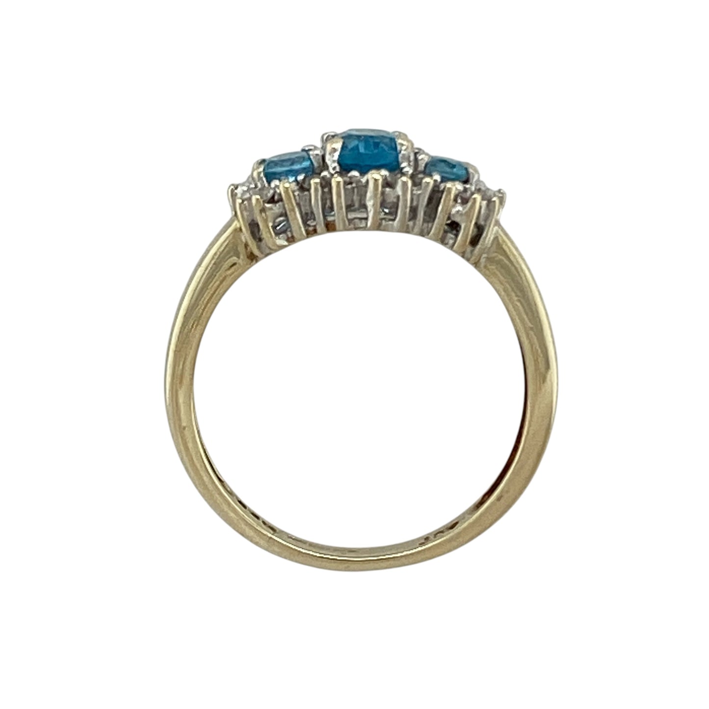 9ct Gold Diamond & Blue Topaz Set Cluster Trilogy Ring