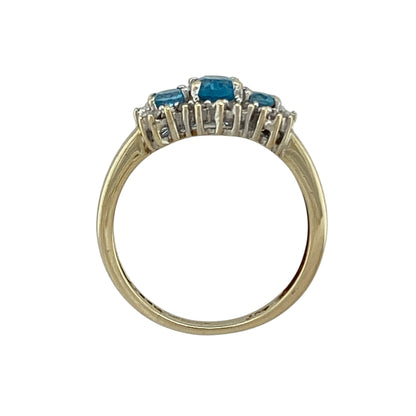 9ct Gold Diamond & Blue Topaz Set Cluster Trilogy Ring