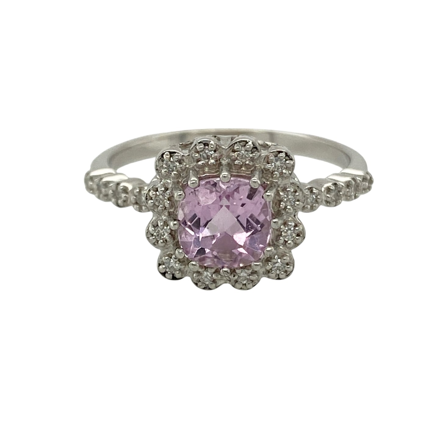 9ct White Gold Diamond & Pink Stone Halo Ring