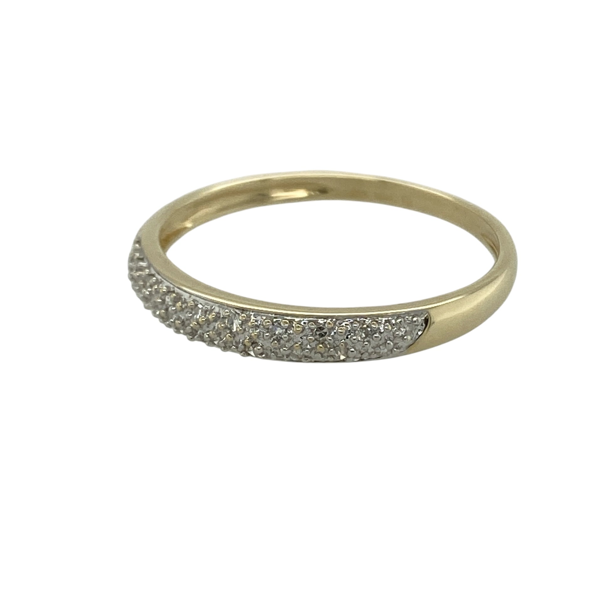 Bring timeless sparkle and understated elegance to your collection with this pre-owned 9ct yellow gold diamond set band ring, featuring a classic design with versatile appeal—perfect for everyday wear or stacking with other rings.

Design: The ring features a slim band style measuring approximately 3mm across the front, accented with sparkling diamonds for a refined and elegant finish.