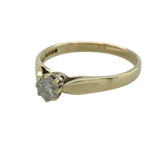 Bring timeless elegance and classic brilliance to your collection with this pre-owned 9ct yellow gold diamond solitaire ring, featuring a refined design with enduring appeal—perfect for special occasions or everyday sophistication.

Design: The ring showcases a single brilliant cut diamond in a classic solitaire setting, creating a clean and elegant focal point that highlights the natural sparkle of the stone.