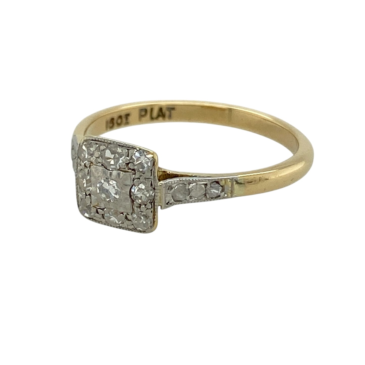 Bring timeless sparkle and elegant styling to your collection with this pre-owned 18ct yellow gold and platinum diamond square cluster ring, featuring a refined design with classic appeal—perfect for special occasions or everyday sophistication.

Design: The ring showcases a square cluster front measuring approximately 7mm in height, set with sparkling diamonds arranged to create a bright and eye-catching focal point.