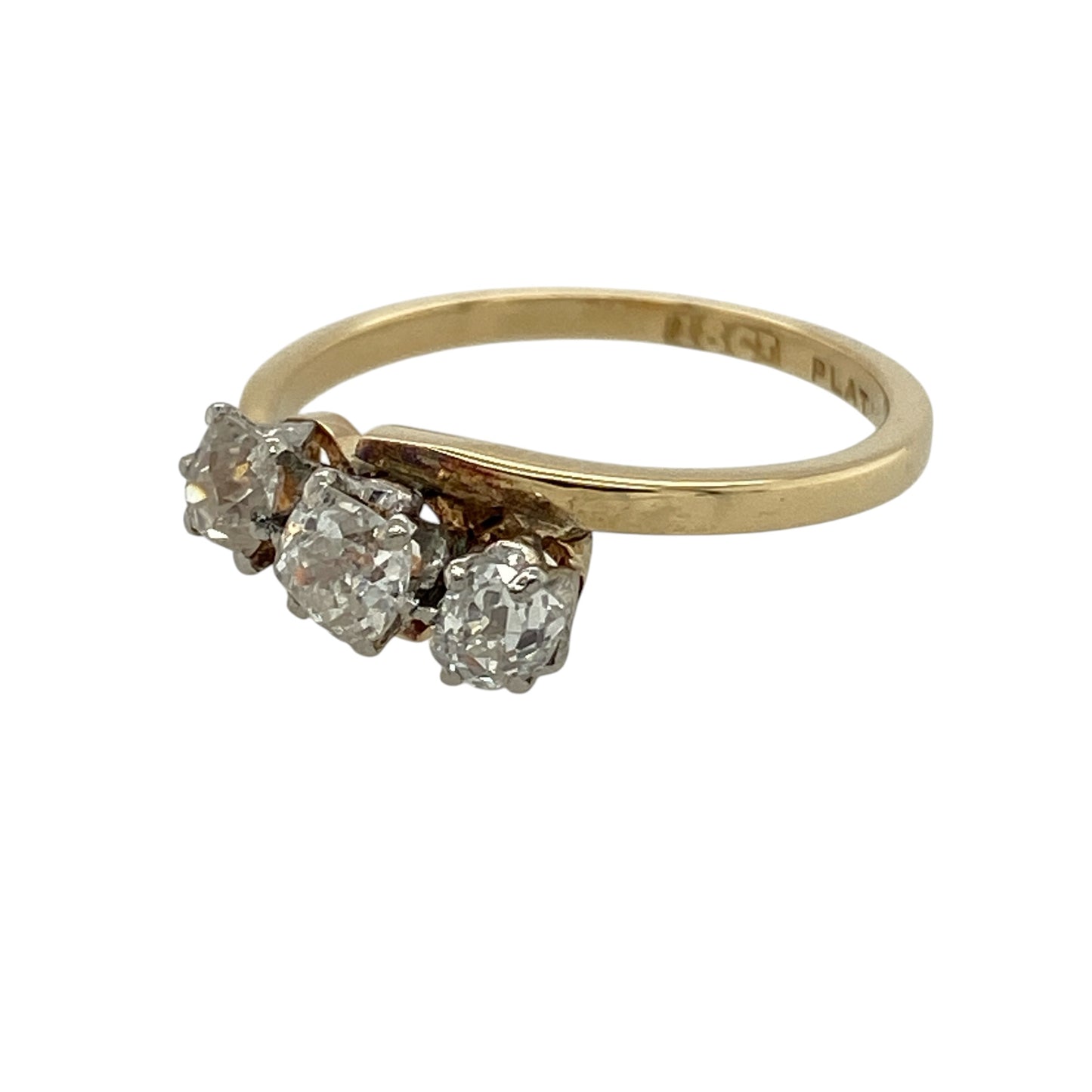 Bring timeless elegance and meaningful sparkle to your collection with this pre-owned 18ct yellow gold and platinum diamond trilogy twist ring, featuring a classic design with refined two-tone detail—perfect for special occasions or everyday sophistication.

Design: The ring showcases a trilogy arrangement of sparkling diamonds within an elegant twist setting, creating a graceful and eye-catching look with timeless appeal.
