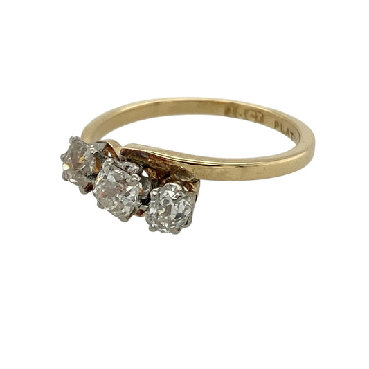Bring timeless elegance and meaningful sparkle to your collection with this pre-owned 18ct yellow gold and platinum diamond trilogy twist ring, featuring a classic design with refined two-tone detail—perfect for special occasions or everyday sophistication.

Design: The ring showcases a trilogy arrangement of sparkling diamonds within an elegant twist setting, creating a graceful and eye-catching look with timeless appeal.