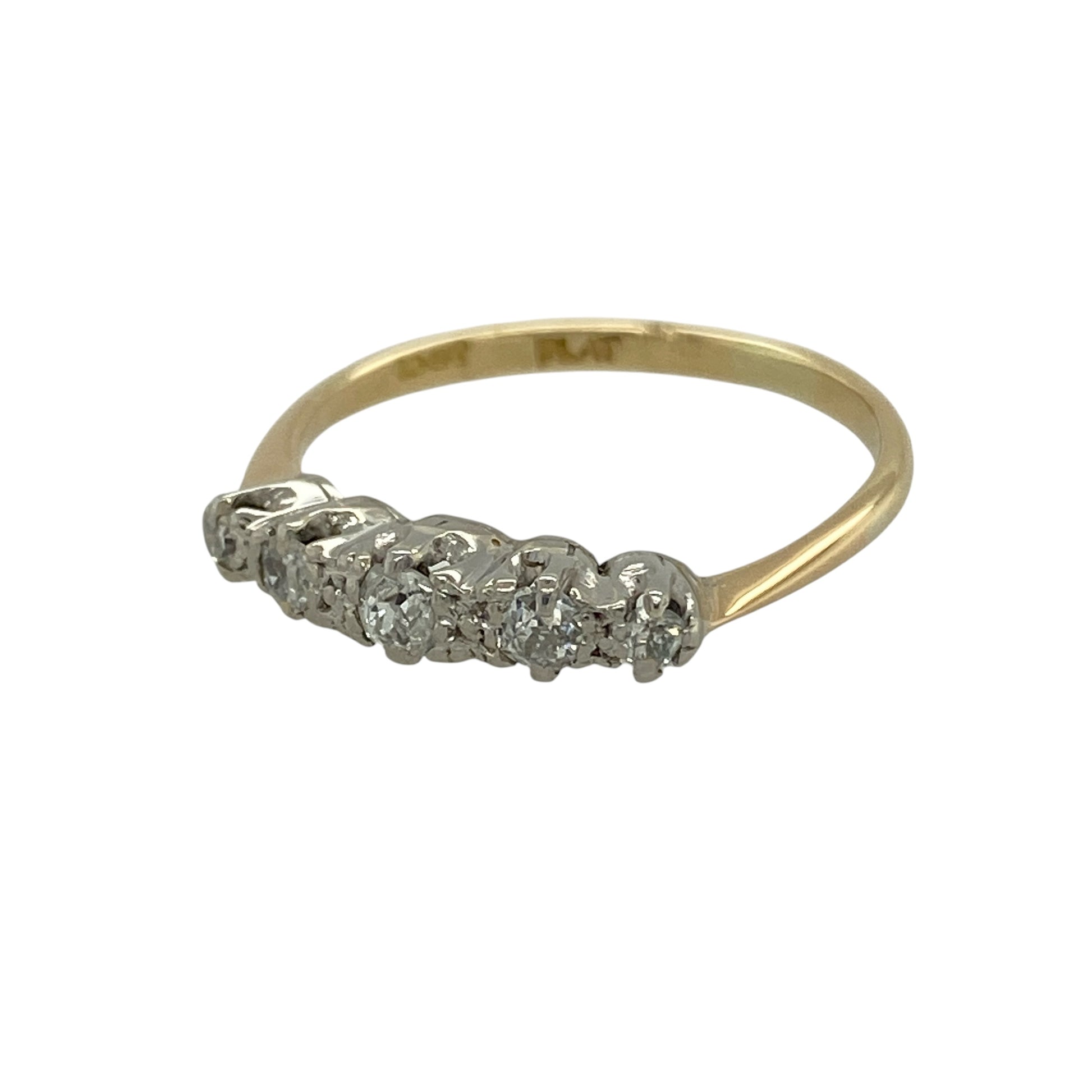 Bring timeless sparkle and refined elegance to your collection with this pre-owned 18ct yellow gold and platinum diamond five stone band ring, featuring a classic design with sophisticated two-tone detail—perfect for everyday wear or special occasions.

Design: The ring features a five stone band style measuring approximately 4mm across the front, set with sparkling diamonds arranged in a balanced and elegant formation.