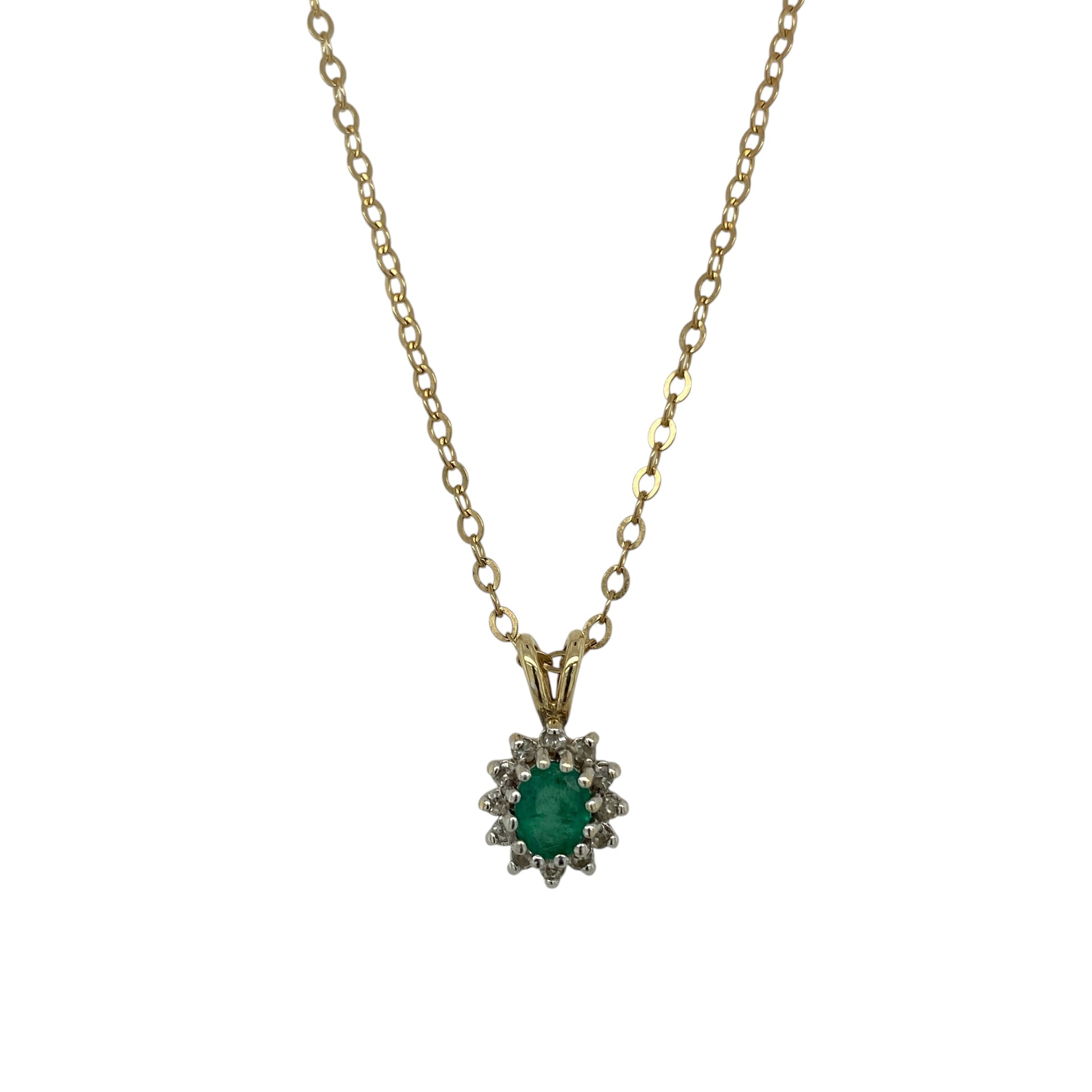 9ct Gold Diamond & Emerald Set Cluster 16" Necklace