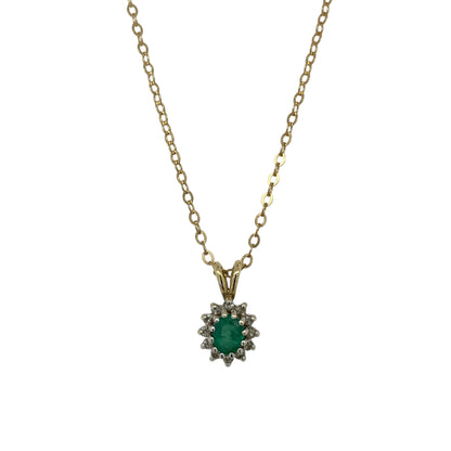 9ct Gold Diamond & Emerald Set Cluster 16" Necklace