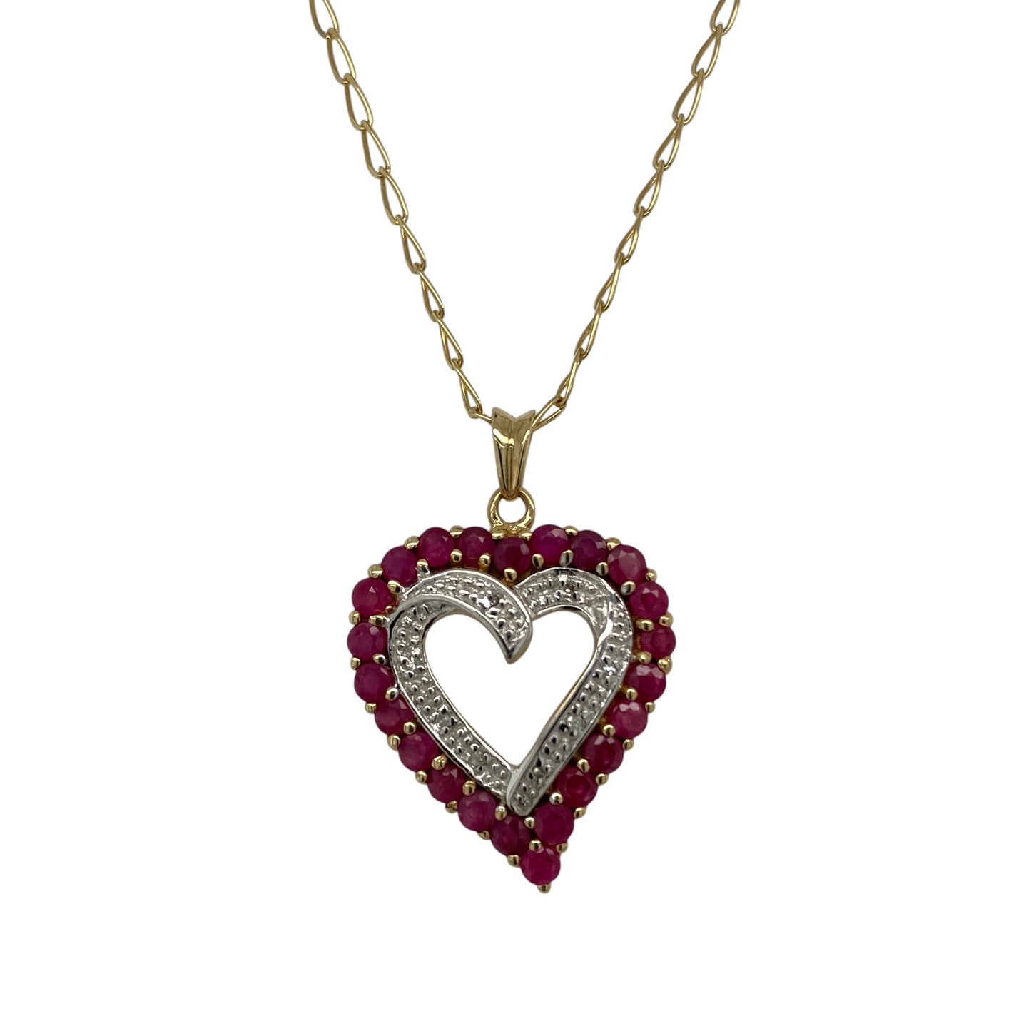 9ct Gold Diamond & Ruby Set Open Heart 18" Necklace