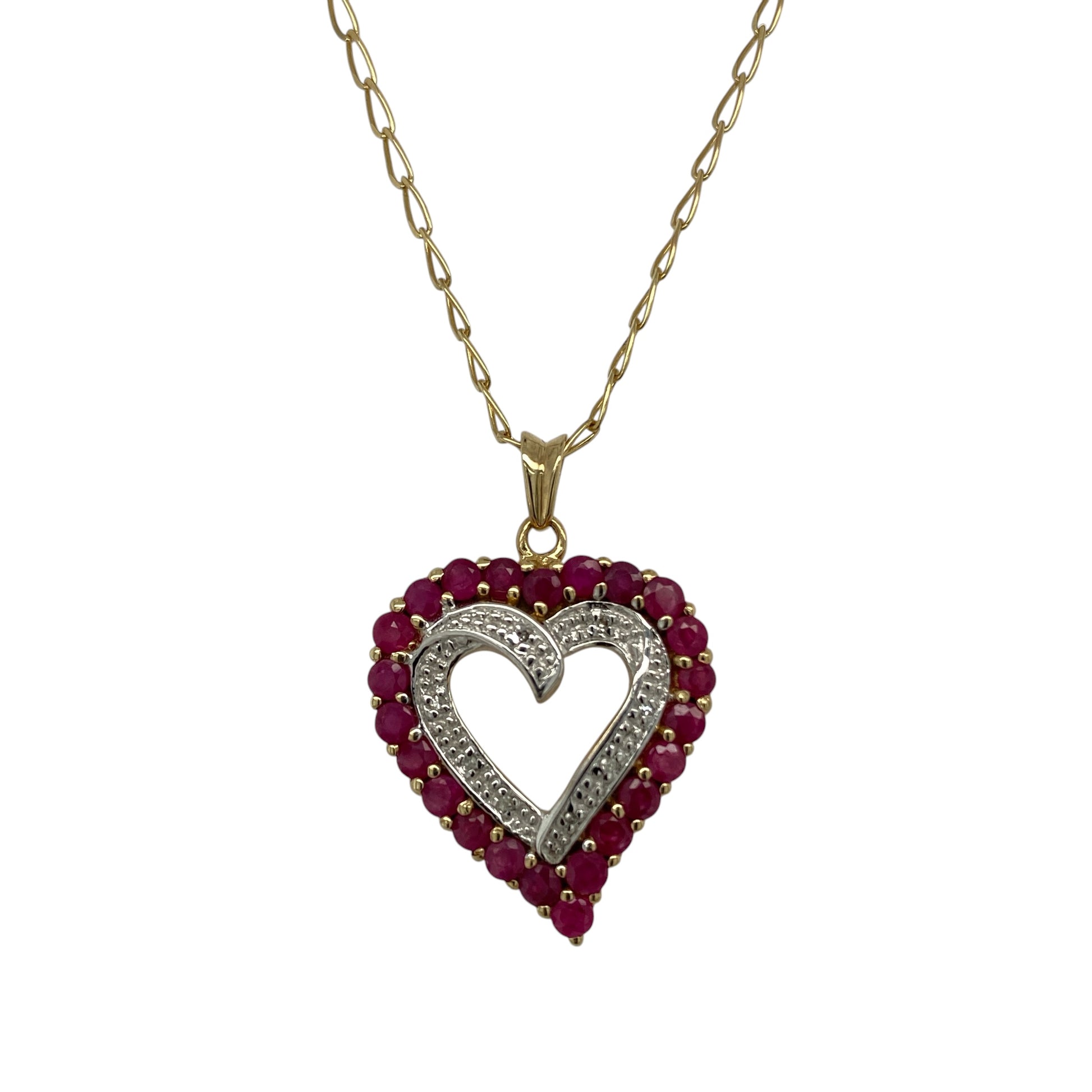 9ct Gold Diamond & Ruby Set Open Heart 18" Necklace