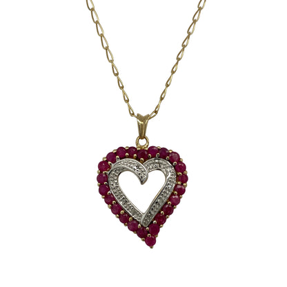 9ct Gold Diamond & Ruby Set Open Heart 18" Necklace