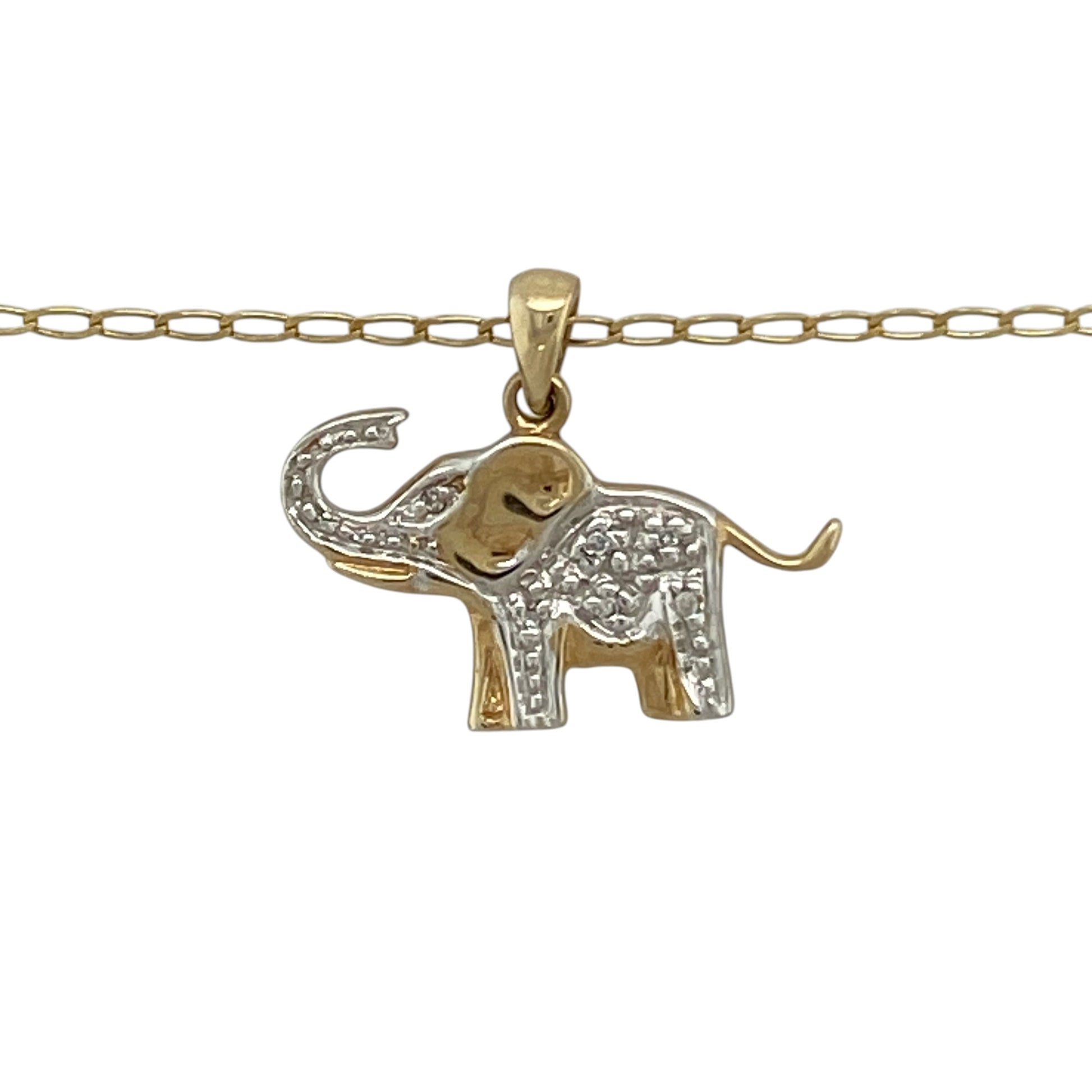 Bring playful charm and elegant sparkle to your collection with this pre-owned 9ct yellow and white gold diamond elephant pendant necklace, featuring a meaningful design with timeless appeal—perfect for everyday wear or a thoughtful gift.

Design: The necklace features an elephant-shaped pendant measuring approximately 1.7cm in length including the bail, accented with sparkling diamonds and suspended from an 18" open curb chain for a classic finish.