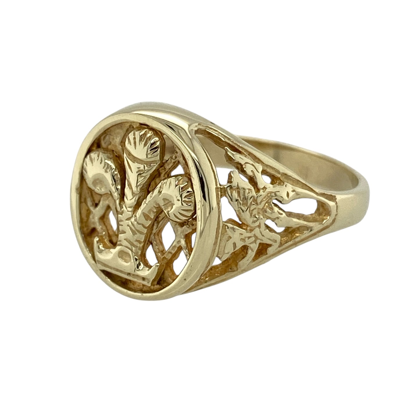 Bring bold heritage style and meaningful symbolism to your collection with this pre-owned 9ct yellow gold Welsh Three Feathers open signet ring, featuring striking traditional detailing with timeless appeal—perfect for everyday wear or as a proud statement piece.

Design: The ring showcases an open signet-style front measuring approximately 13mm in height, detailed with the iconic Welsh Three Feathers motif and complemented by Welsh dragons on the shoulders for added character and heritage-inspired style.