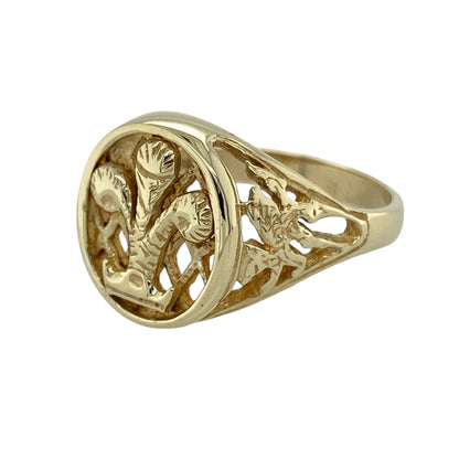 Bring bold heritage style and meaningful symbolism to your collection with this pre-owned 9ct yellow gold Welsh Three Feathers open signet ring, featuring striking traditional detailing with timeless appeal—perfect for everyday wear or as a proud statement piece.

Design: The ring showcases an open signet-style front measuring approximately 13mm in height, detailed with the iconic Welsh Three Feathers motif and complemented by Welsh dragons on the shoulders for added character and heritage-inspired style.