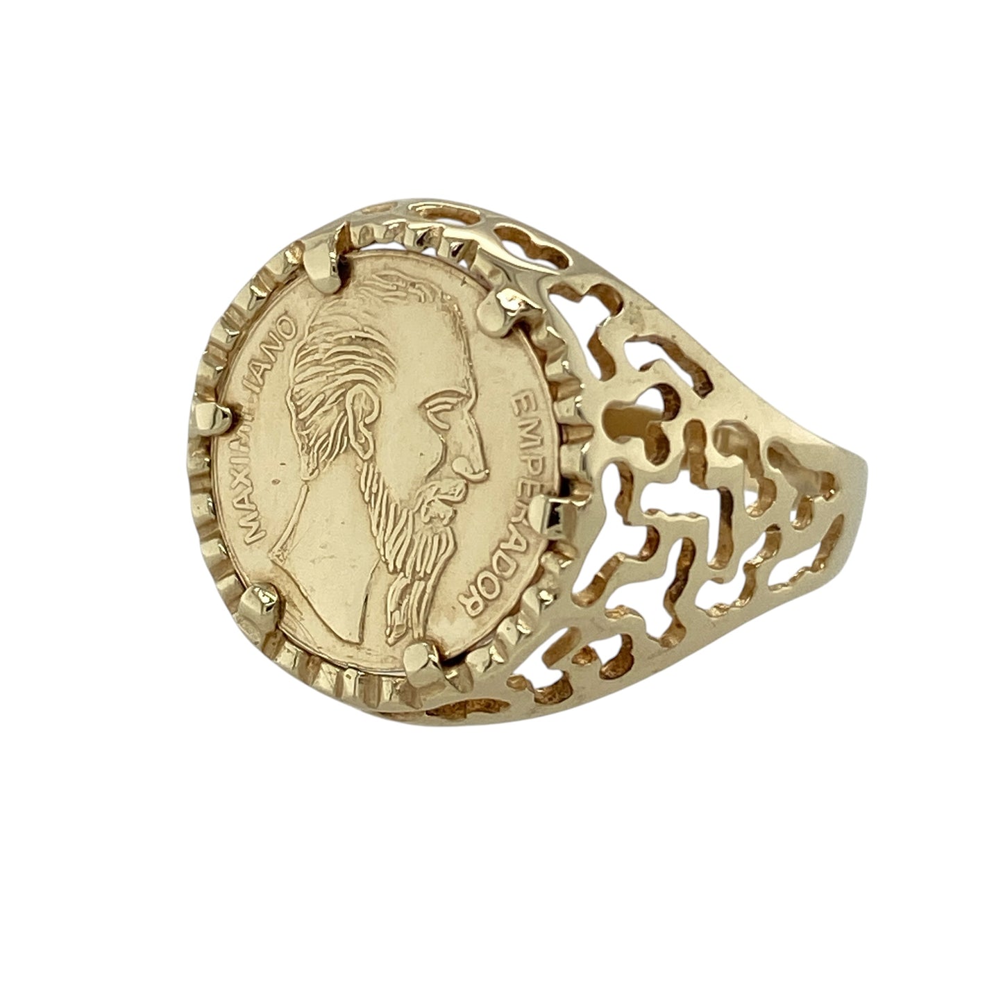 Add vintage-inspired character to your jewellery collection with this pre-owned 9ct yellow gold coin style ring, featuring a bold decorative front and detailed open patterned shoulders—perfect for statement wear, everyday styling, or as a unique gift.

Design: The ring showcases a striking coin style front measuring approximately 15mm high, complemented by intricate open patterned shoulders that add detail and visual appeal to the overall design.