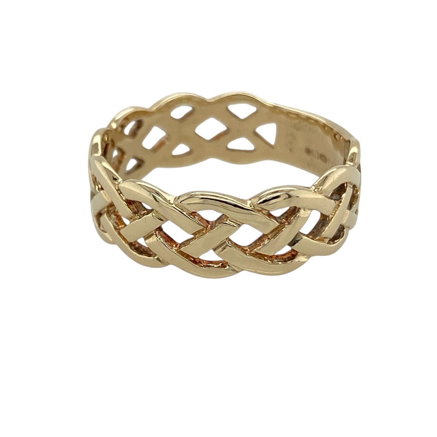 Add bold Celtic-inspired style to your jewellery collection with this pre-owned 9ct yellow gold open Celtic weave band ring, featuring an intricate woven design with striking width and timeless appeal—perfect for statement wear or everyday styling.

Design: The ring features an open Celtic weave pattern running throughout the band, creating a detailed and eye-catching look. Measuring approximately 12mm wide, the design offers a bold presence on the hand while maintaining an elegant openwork appearance.
