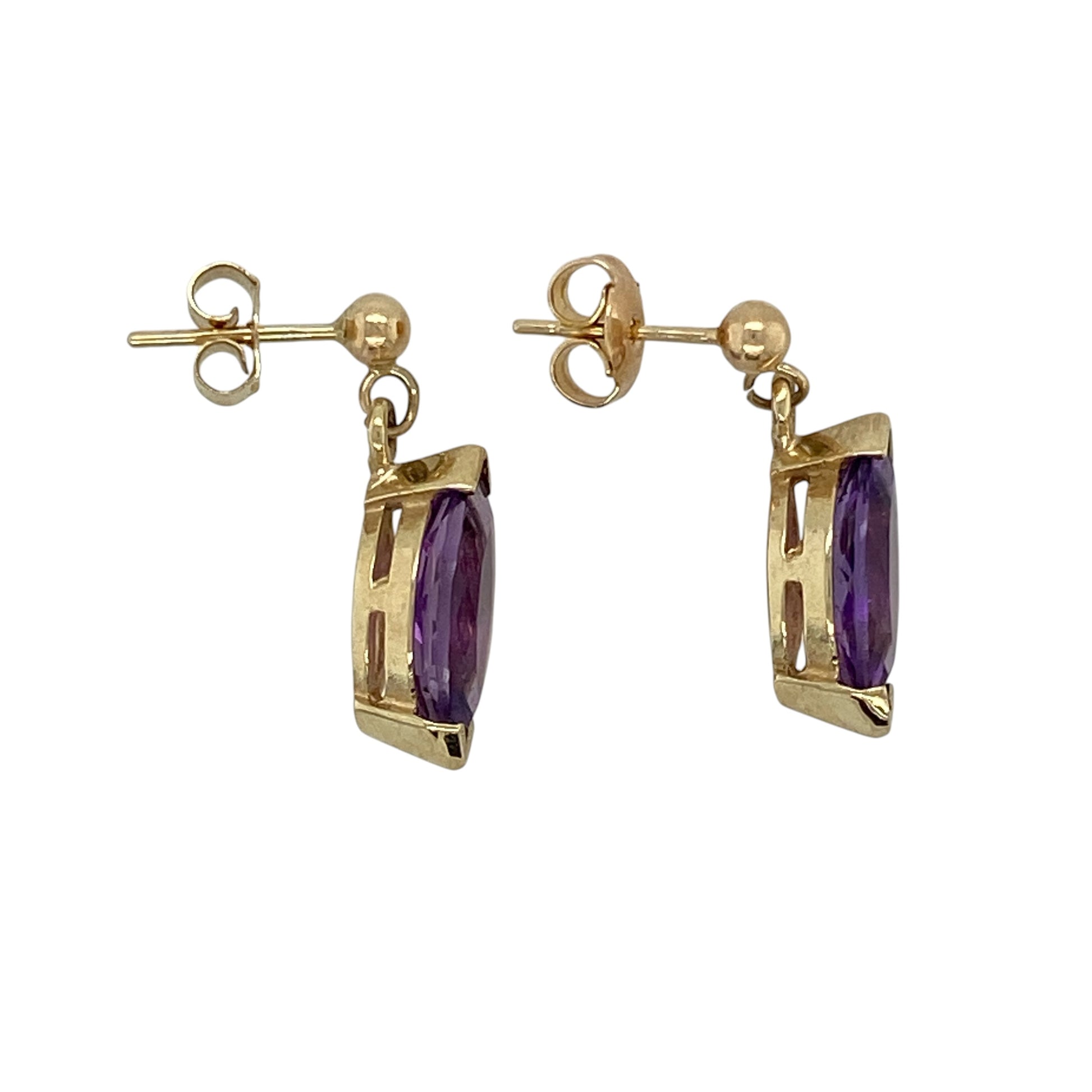 Add elegant colour and timeless style to your jewellery collection with these pre-owned 9ct yellow gold amethyst drop earrings, featuring striking marquise-cut gemstones with graceful movement and classic appeal—perfect for special occasions or sophisticated everyday wear.

Design: The earrings feature elegant drop styling with marquise-cut amethyst stones measuring approximately 13mm by 6mm each, creating a refined and eye-catching look with rich purple colour.