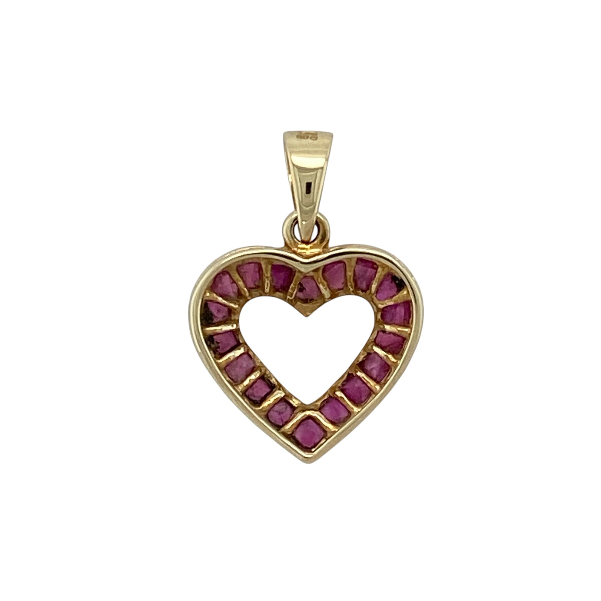 Add a romantic touch of colour to your jewellery collection with this pre-owned 9ct yellow gold ruby set open heart pendant, featuring a timeless heart design with vibrant ruby detail—perfect for gifting, special occasions, or everyday elegance.

Design: The pendant features an elegant open heart design accented with ruby stones, creating a classic and feminine look with rich red colour and subtle sparkle.