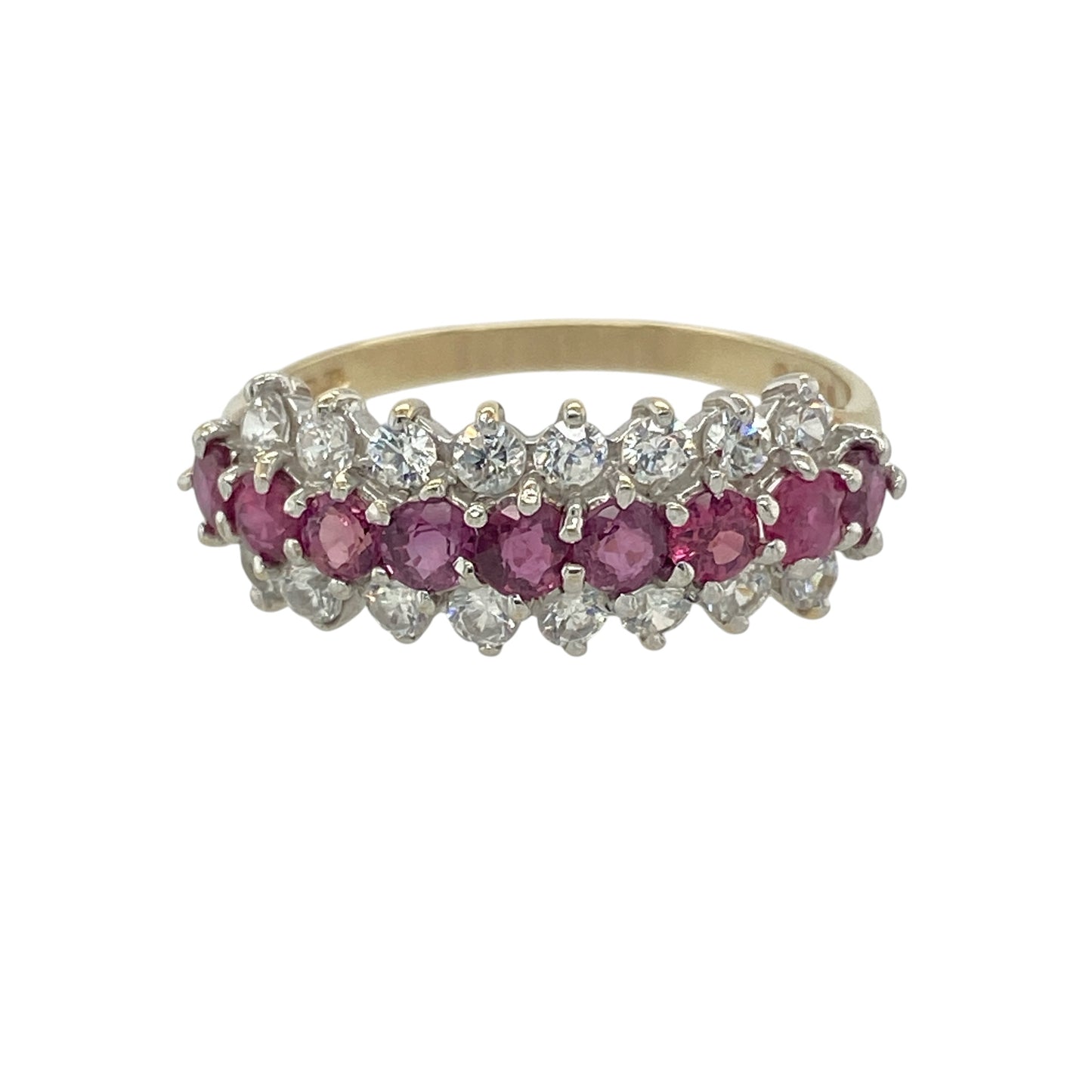 9ct Gold Ruby & Cubic Zirconia Three Row Band Ring