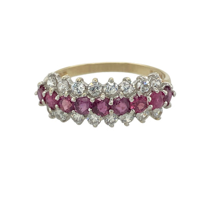 9ct Gold Ruby & Cubic Zirconia Three Row Band Ring