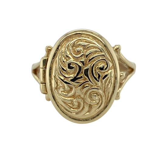 9ct Gold Patterned Oval Locket Ring