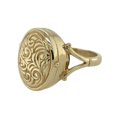 Add vintage-inspired elegance to your jewellery collection with this pre-owned 9ct yellow gold patterned oval locket ring, featuring a bold statement design with timeless sentimental appeal—perfect for collectors, occasion wear, or unique everyday styling.

Design: The ring features a large oval-shaped locket style front with attractive patterned detailing, measuring approximately 17mm by 14mm for a striking and eye-catching appearance on the hand.