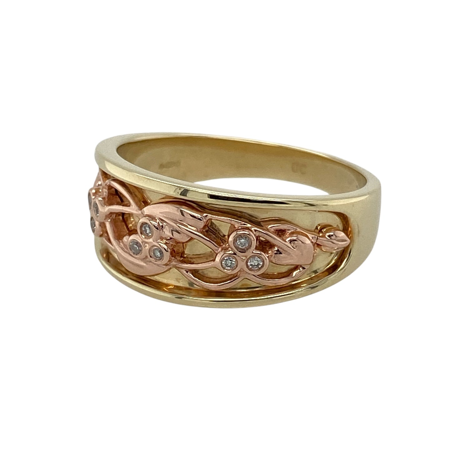 Celebrate love and timeless symbolism with this pre-owned 9ct yellow and rose gold diamond Clogau Tree of Life ‘Cariad Am Byth’ wide band ring, featuring elegant Welsh-inspired detailing with luxurious sparkle—perfect for meaningful gifting, special occasions, or standout everyday wear.

Design: The ring features a bold wide band design measuring approximately 9mm across the front, detailed with the iconic Tree of Life motif and accented with sparkling diamond highlights
