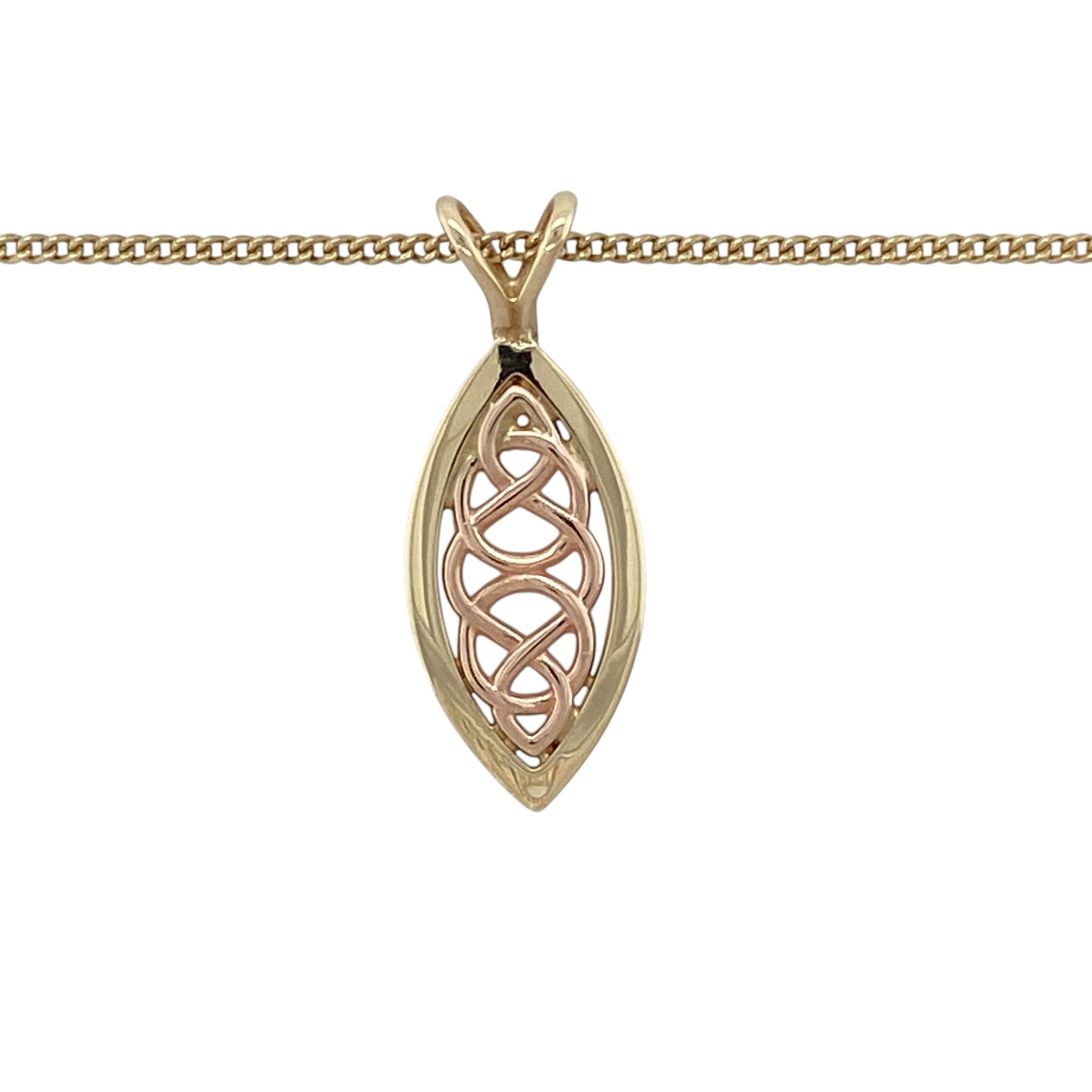 Add timeless Welsh-inspired elegance to your jewellery collection with this pre-owned 9ct yellow and rose gold Clogau Welsh Royalty Celtic Knot pendant necklace, featuring intricate symbolic detailing with classic two-tone appeal—perfect for gifting, occasion wear, or meaningful everyday styling.

Design: The necklace features a marquise-shaped pendant with intricate Celtic knot detailing inspired by the Clogau Welsh Royalty collection, creating an elegant and eye-catching look.
