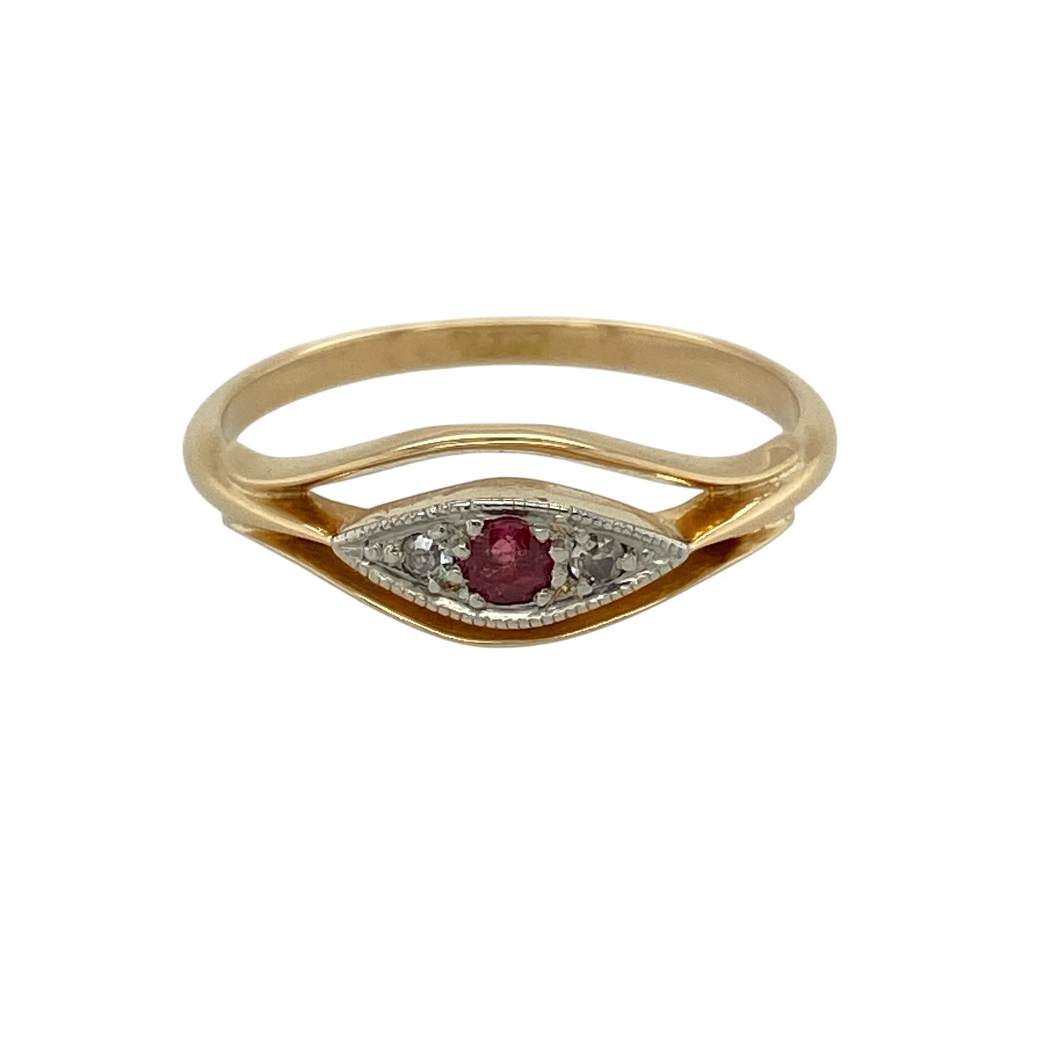 18ct Gold Diamond & Ruby Trilogy Vintage Style Ring