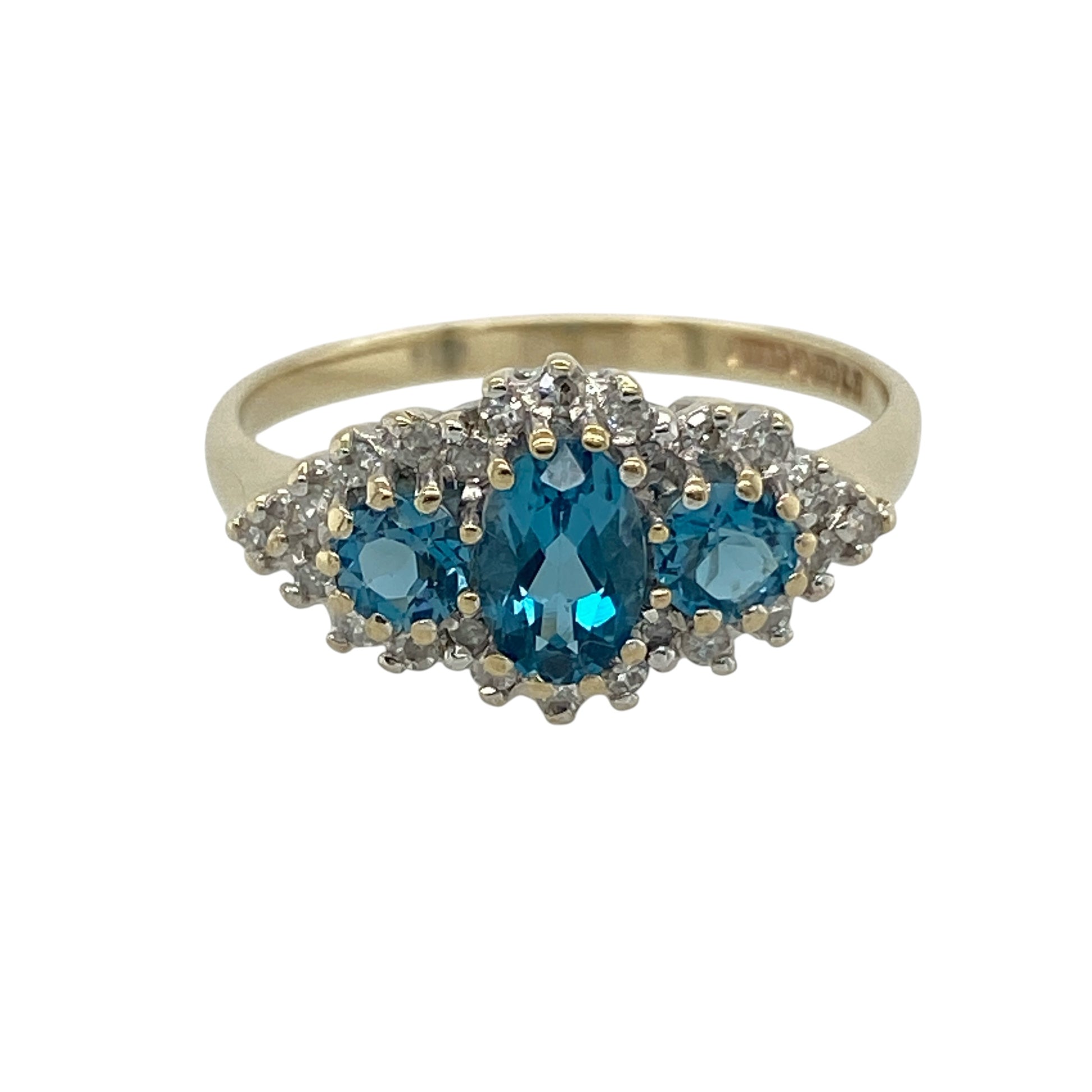 9ct Gold Diamond & Blue Topaz Cluster Trilogy Ring